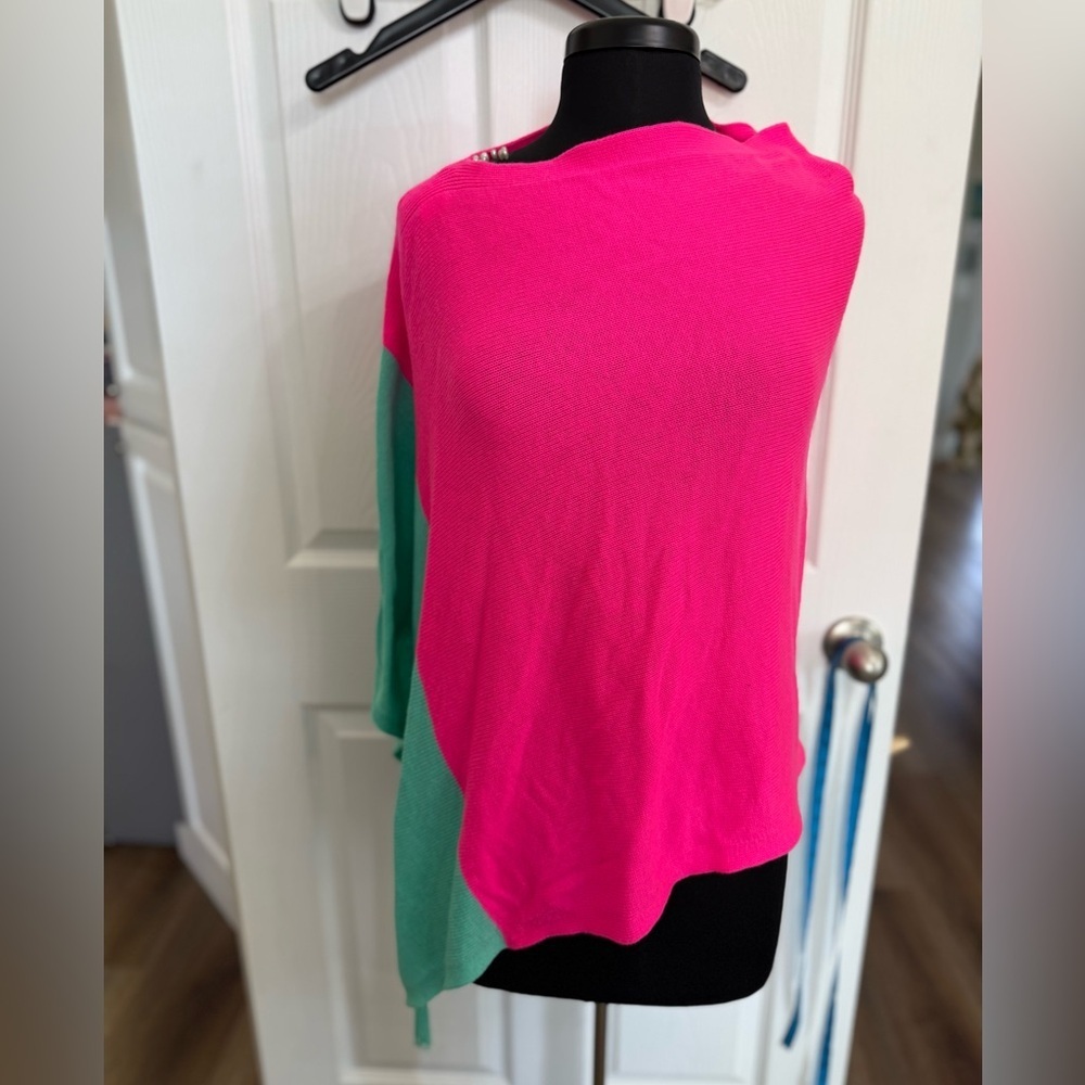 Lilly Pulitzer Pink Green Colorblock Poncho Sweater OS Tassel Resort Kinnon Prep